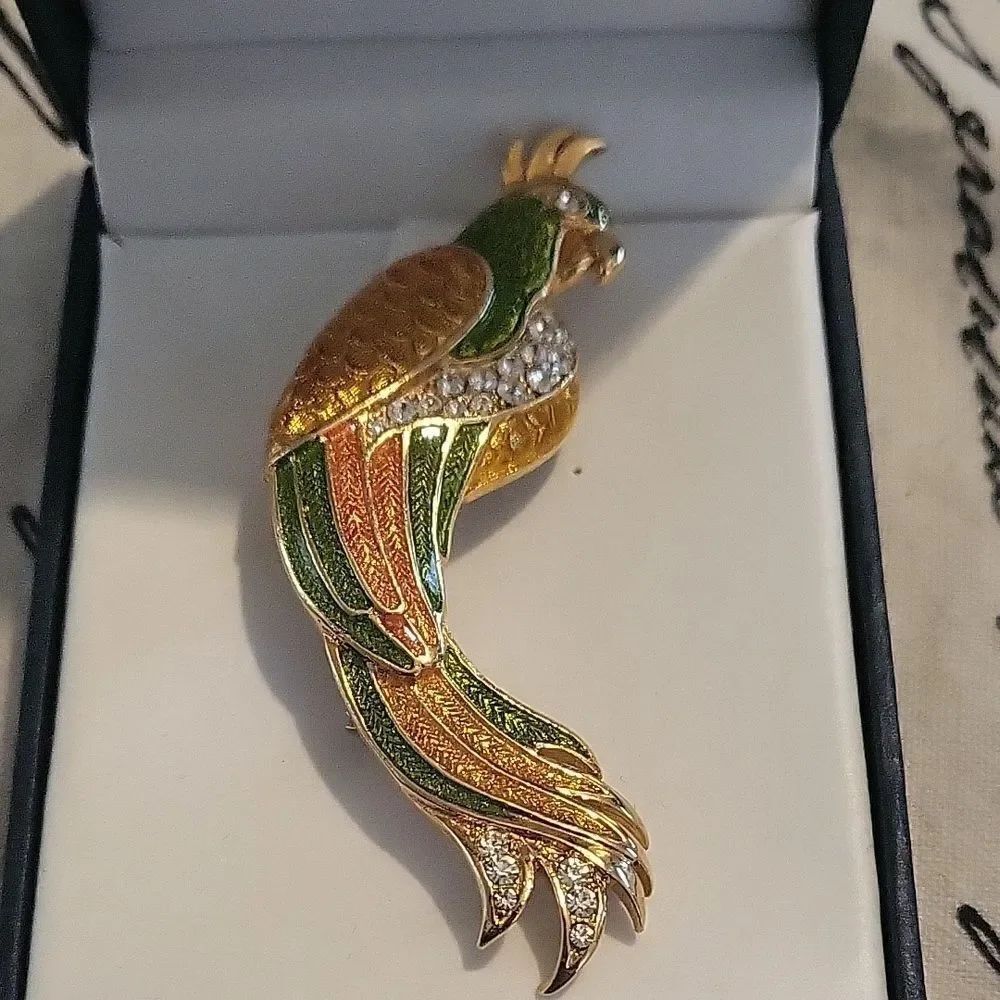 Gold-Tone Green & Orange Parrot Brooch with Crystals - Elegant Women’s Jewelry